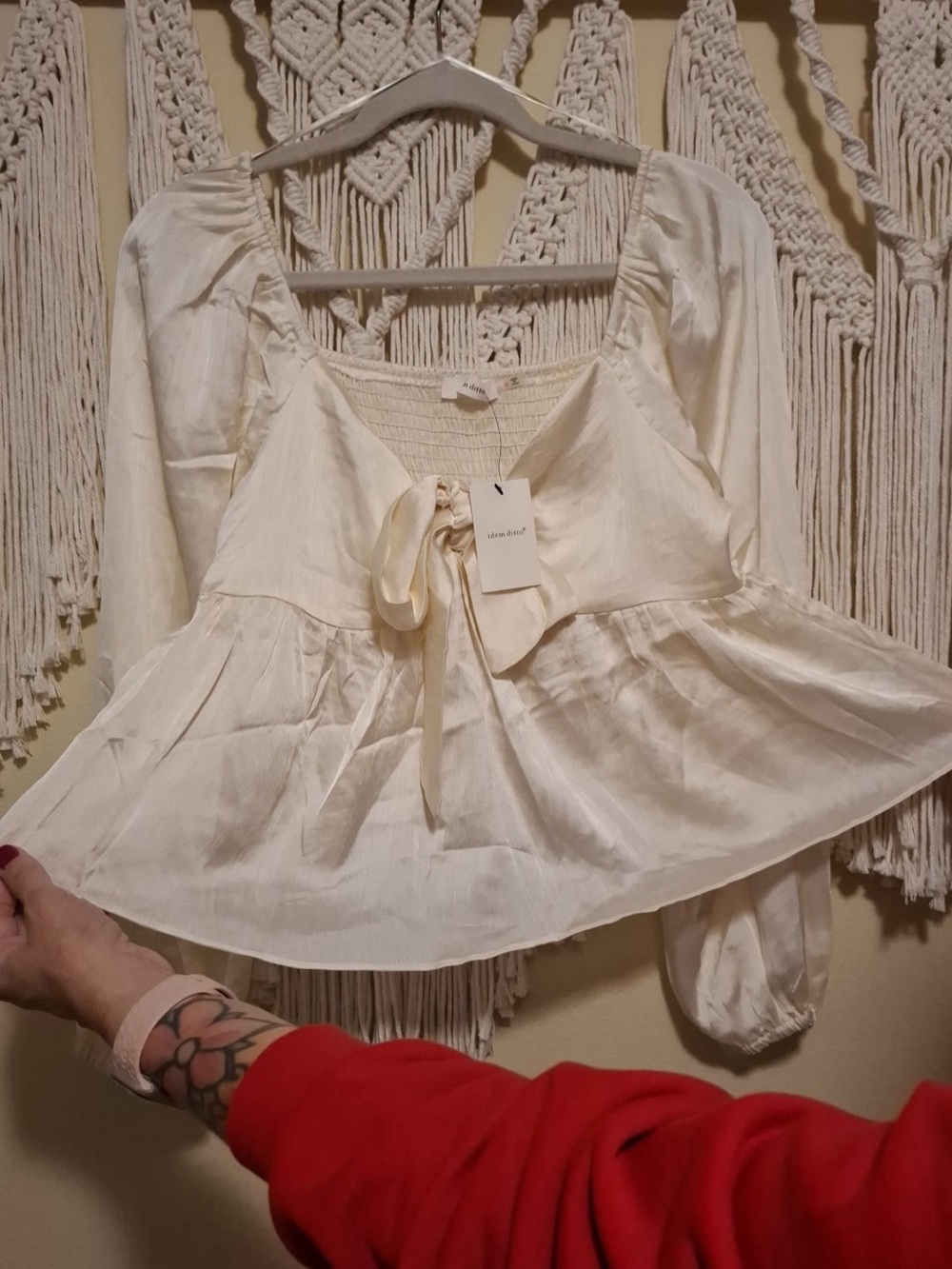 Romantic bow satin blouse, ivory with ruffled bottom